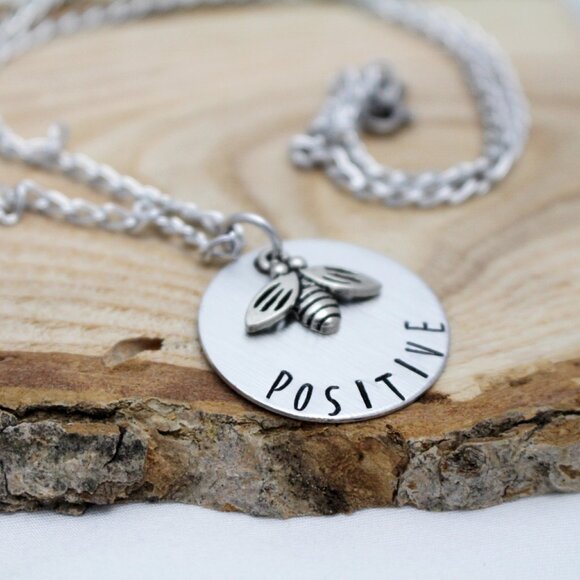 Bee Positive - Hand Stamped Pendant Necklace - 18" Chain - Handmade - Picture 6 of 6